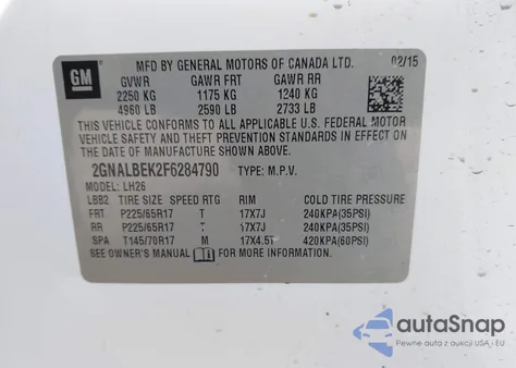 2015 Chevrolet Equinox 1Lt из США, поврежденный, VIN 2GNALBEK2F6284790